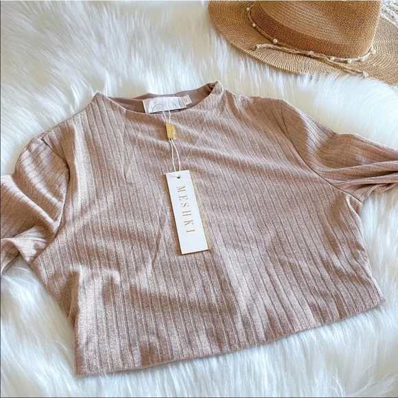 Meshki ILIANA Shimmer Rib Ribbed Long Sleeve Crop Top Nude Silver High Neck XS - Picture 4 of 11